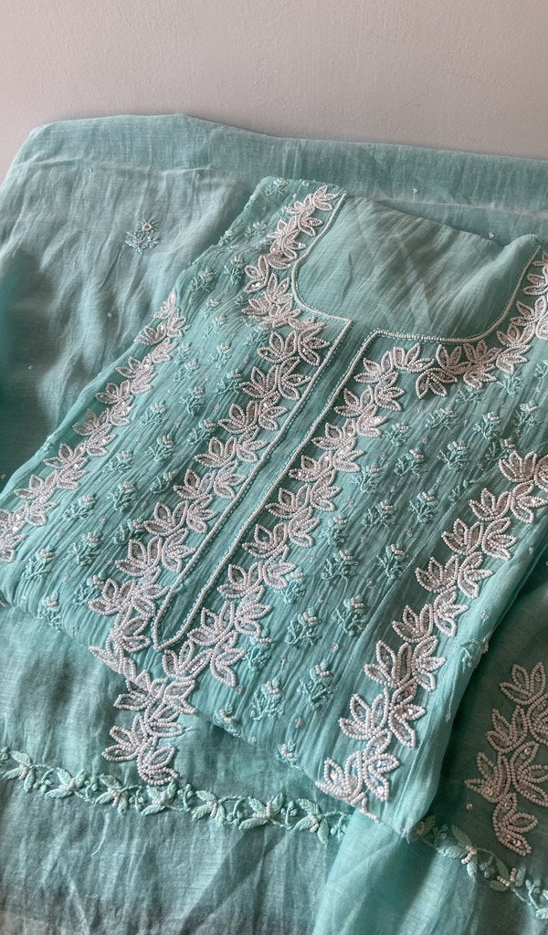 Saziya — Aqua Pure Mul Chanderi Chikankari 2 Pc Unstitched Suit Set