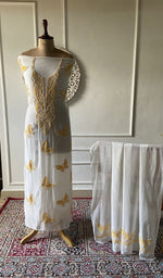 将图像加载到图库查看器中， White pure mul chanderi chikankari 2 pc unstitched suit set laid out
