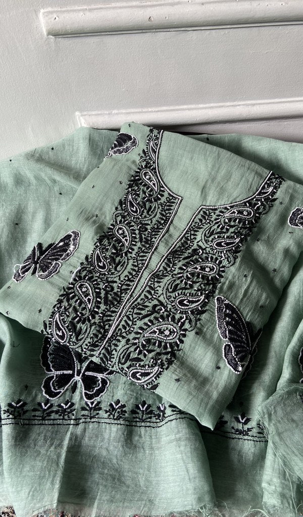 Titlee — Mint Pure Mul Chanderi Chikankari 2 Pc Unstitched Suit Set