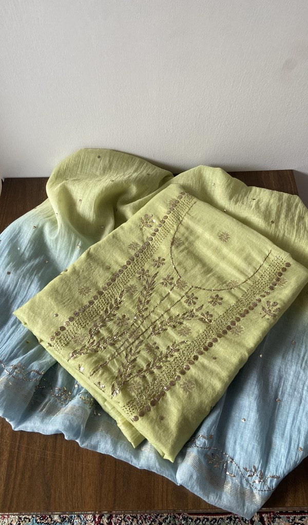 Yellow pure mul chanderi kurta piece folded, mukaish work and badla work