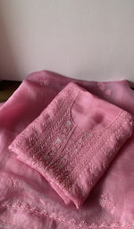 Pink pure organza silk kurta piece folded, fine jaaldar do taar chikankari