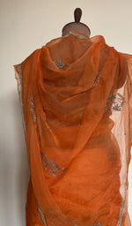 Tangerine orange organza silk saree, detail view