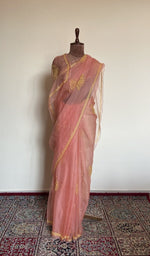 Coral organza silk saree draped on the mannequin, front view