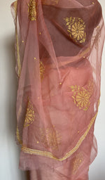 Embroidery on the coral saree, close view