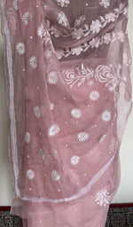 Baby pink organza silk saree, detail view