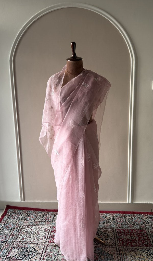 Jalila — Baby Pink Pure Organza Silk Chikankari Saree