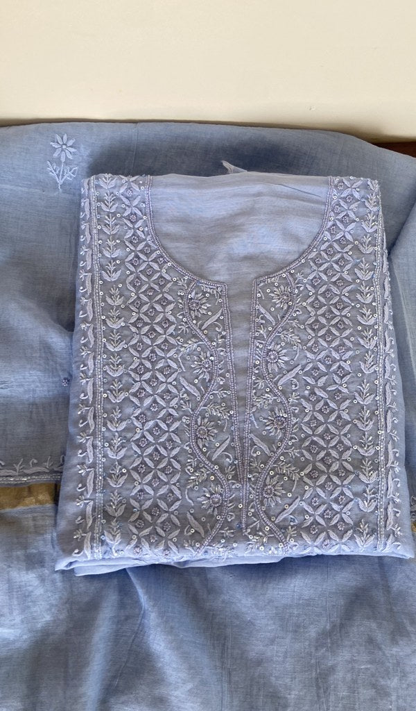 Periwinkle blue mul chanderi kurta piece folded, gala work in front