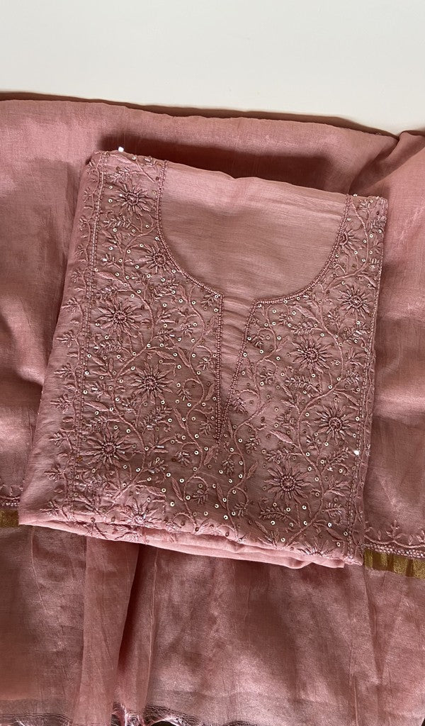 Rose peach pure mul chanderi kurta piece folded, fine chikankari on gala and boota with beads and sequins