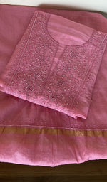 Folded pink mul chanderi kurta, gala and neckline work