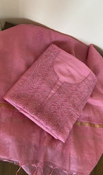 Folded carnation pink mul chanderi kurta, gala and neckline work