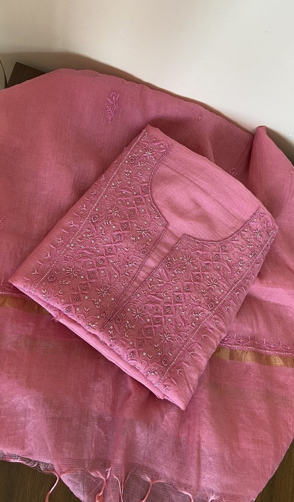Folded carnation pink mul chanderi kurta, gala and neckline work