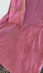 Carnation pink mul chanderi kurta, close view of the embroidery