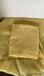 Butter yellow mul chanderi kurta piece folded, gala work in front