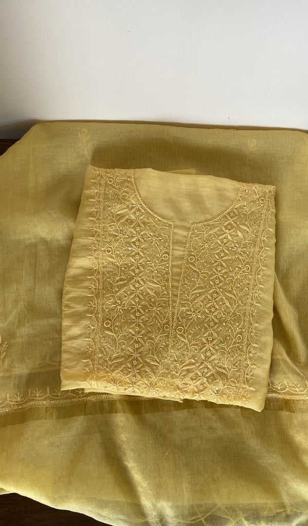 Butter yellow mul chanderi kurta piece folded, gala work in front