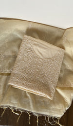 Folded cream mul chanderi kurta, gala and neckline work