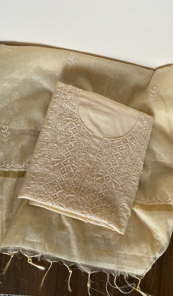 Arisha — Cream Pure Mul Chanderi Chikankari 3 Pc Unstitched Suit Set