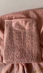 Deep peach pure mul chanderi kurta piece folded, fine chikankari on gala and boota with beads and sequins