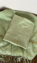 Arisha — Pista Green Pure Mul Chanderi Chikankari 3 Pc Unstitched Suit Set