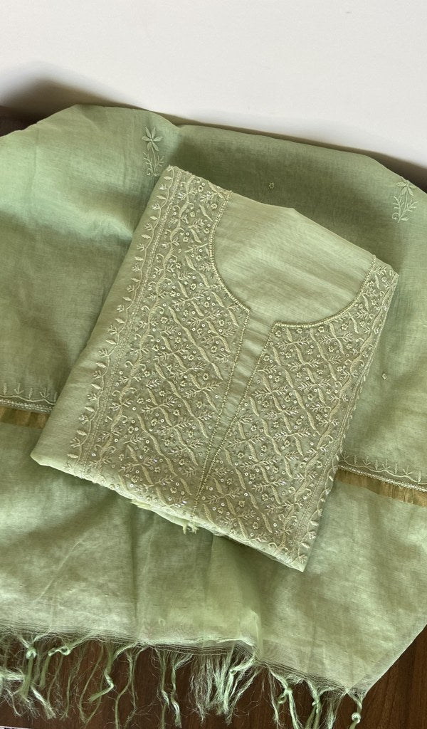 Folded pista green mul chanderi kurta, gala and neckline work