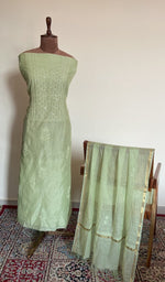 Pista green mul chanderi set on the mannequin with its dupatta
