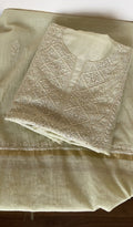 Arisha — Sage Green Pure Mul Chanderi Chikankari 3 Pc Unstitched Suit Set