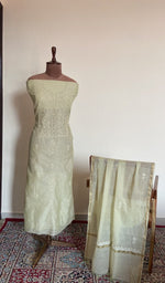 Pale green mul chanderi set on the mannequin with its dupatta