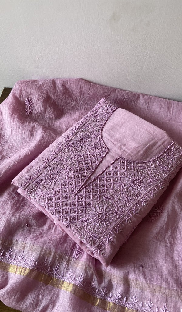 Lilac pure mul chanderi kurta piece folded, fine chikankari on gala and boota with beads and sequins