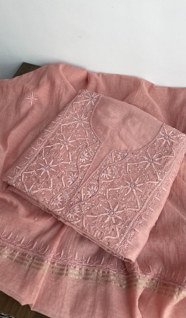 Salmon pink mul chanderi kurta piece folded, gala work in front