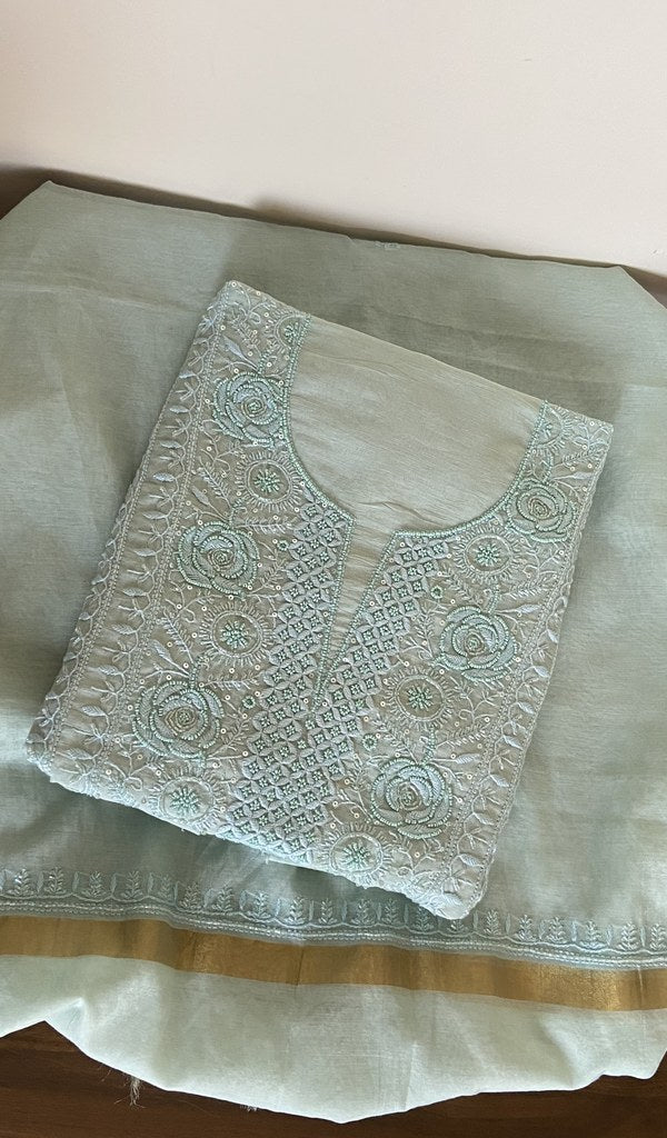 Folded mint mul chanderi kurta, gala and neckline work