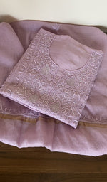 Folded lilac mul chanderi kurta, gala and neckline work