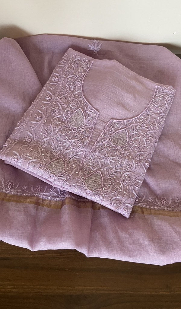 Folded lilac mul chanderi kurta, gala and neckline work
