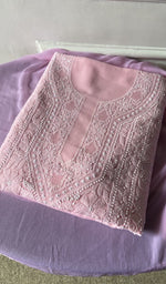 pink cotton kurta piece folded, fine jaaldar chikankari with haath ki jaali