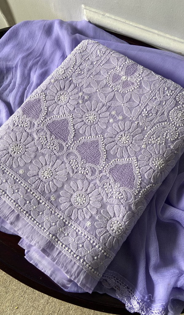 purple cotton chikankari suit set, folded