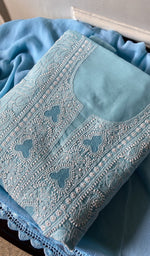 sky blue cotton chikankari suit set, folded