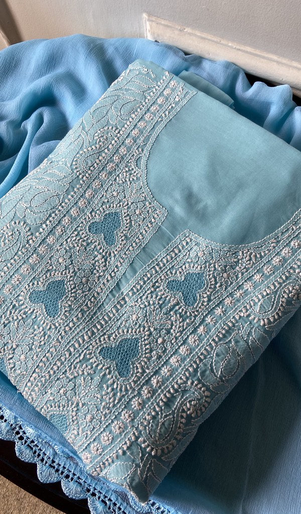 sky blue cotton chikankari suit set, folded