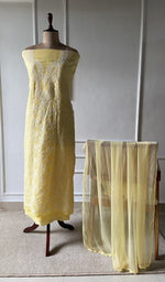 yellow cotton chikankari set on the mannequin with the dupatta