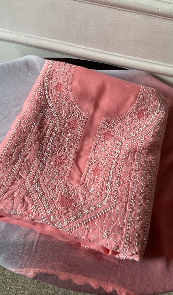 peach cotton kurta piece folded, fine jaaldar chikankari with haath ki jaali