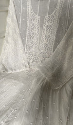 fine chikankari on neck and allover sleeve with beautiful be across the body of the kurta