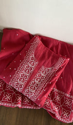Folded red mul chanderi kurta, gala and neckline work
