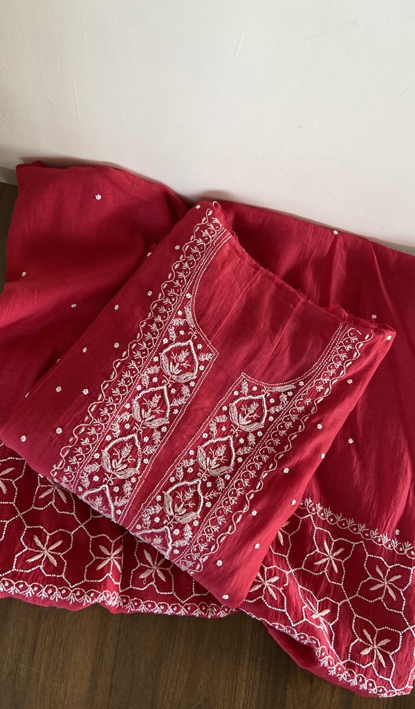 Folded red mul chanderi kurta, gala and neckline work