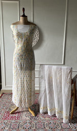 Load image into Gallery viewer, white pure mul chanderi chikankari 2 pc unstitched suit set on mannequin