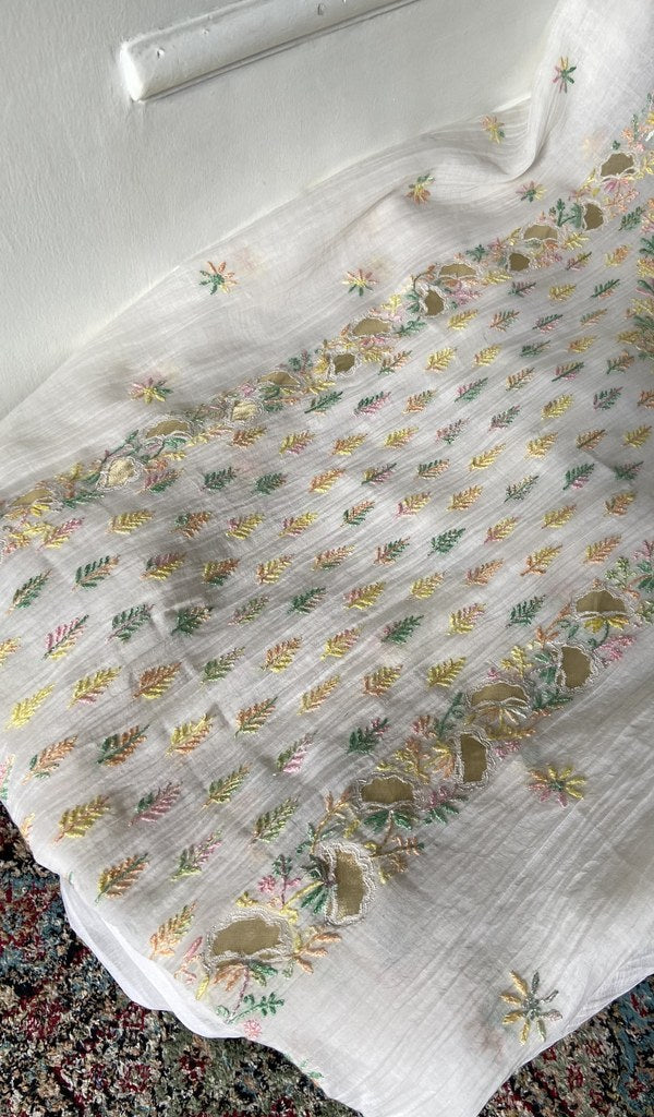 gala and front chikankari on white pure mul chanderi