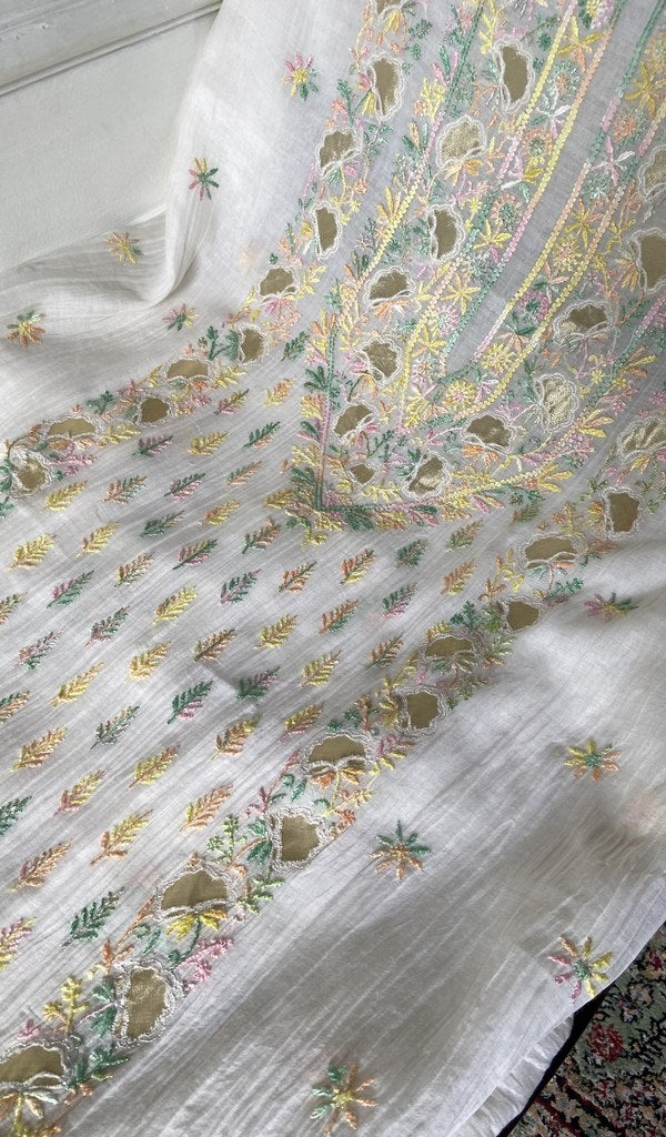 fine multicoloured chikankari with zari patchwork on white pure mul chanderi