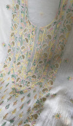 Load image into Gallery viewer, close view of the hand embroidery, white pure mul chanderi