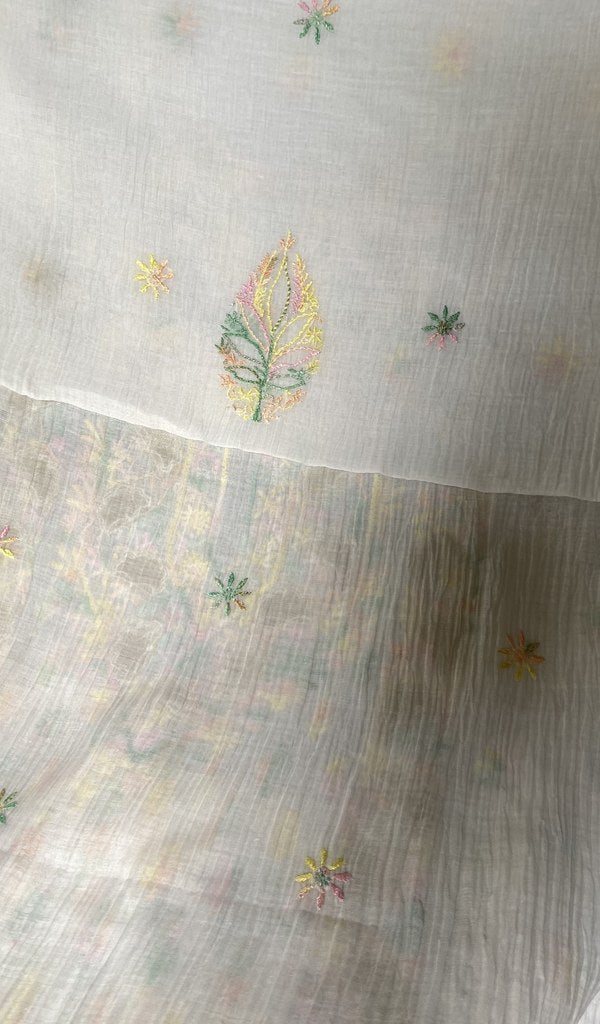 dupatta chikankari detail, white pure mul chanderi