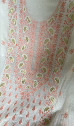 Load image into Gallery viewer, close view of the hand embroidery, white pure mul chanderi