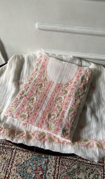Load image into Gallery viewer, white pure mul chanderi chikankari 2 pc unstitched suit set, folded