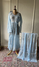 Load image into Gallery viewer, light blue pure mul chanderi chikankari 3 pc semi-stitched angarkha suit set on mannequin