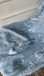Load image into Gallery viewer, gala and front chikankari on light blue pure mul chanderi