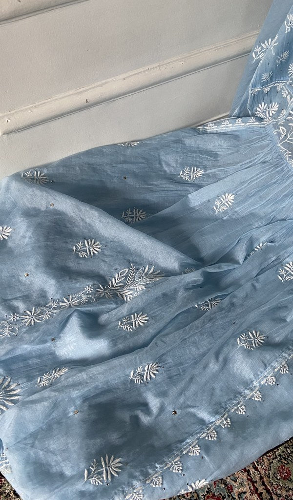gala and front chikankari on light blue pure mul chanderi